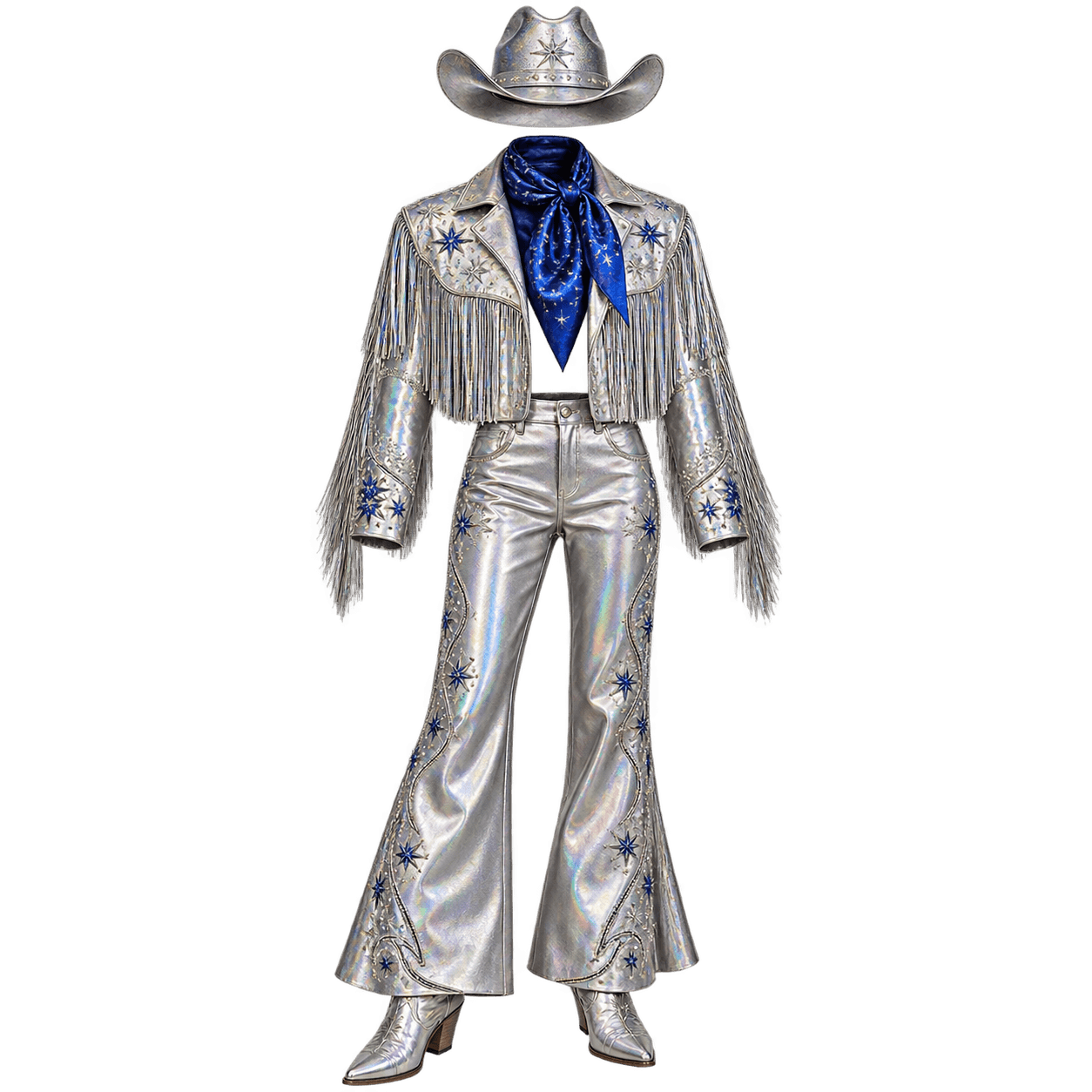 Metallic silver cowboy hat, fringed western jacket, silver trousers and boots with a blue neckerchief