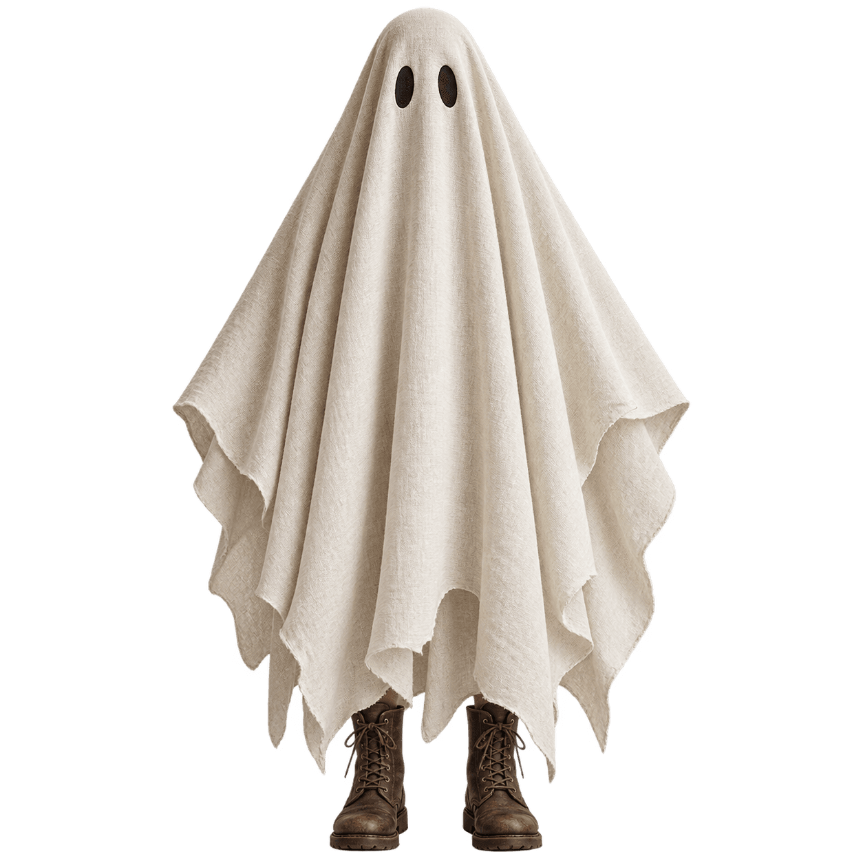 An off-white linen ghost costume with two oval eye openings, a flowing scalloped hem, and brown lace-up boots