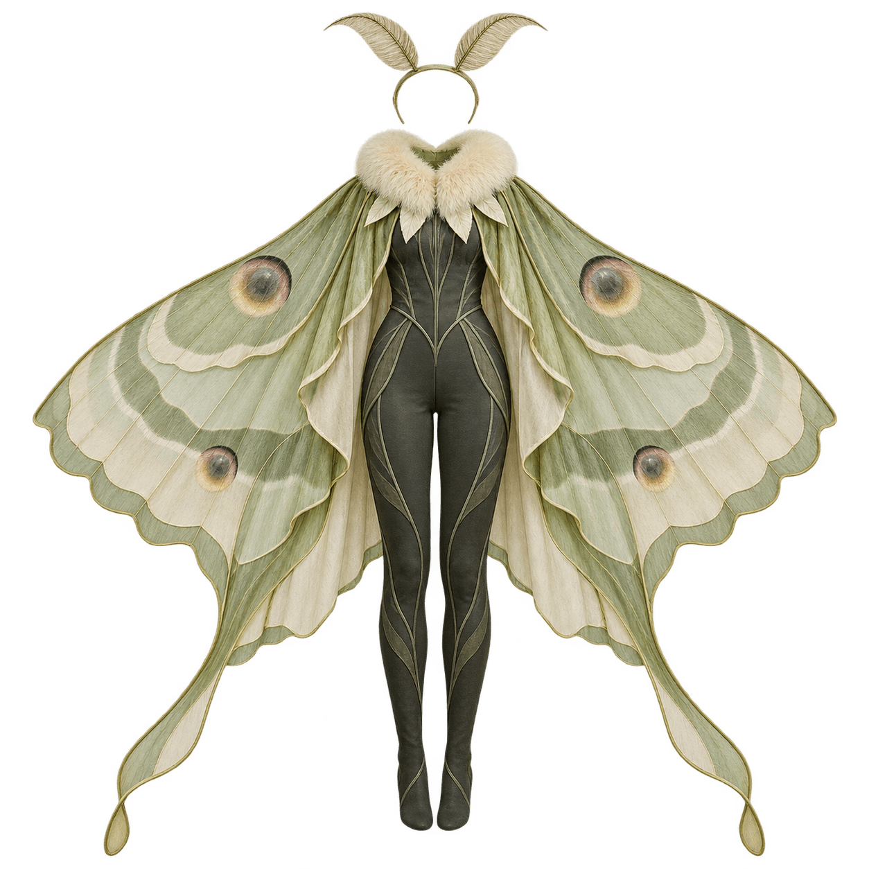 Sage green and cream moth wing cape with eye spots, a fuzzy collar, antennae, and a charcoal jumpsuit