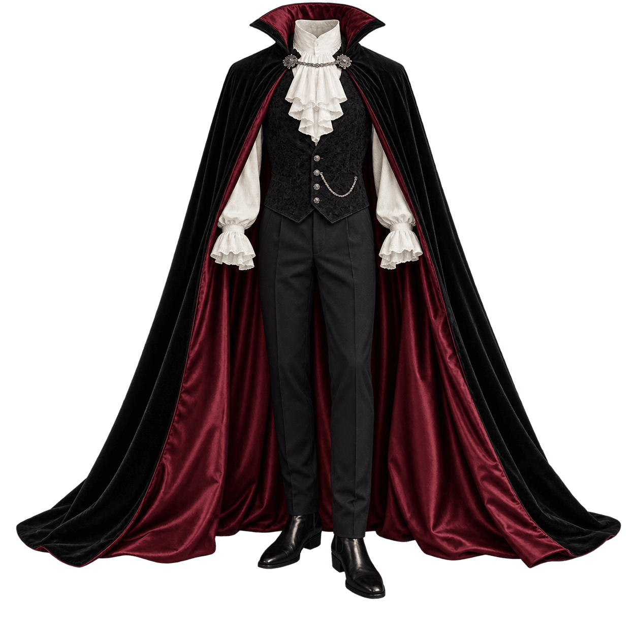 Black velvet vampire cape with burgundy lining, a ruffled shirt, waistcoat, trousers, and black boots