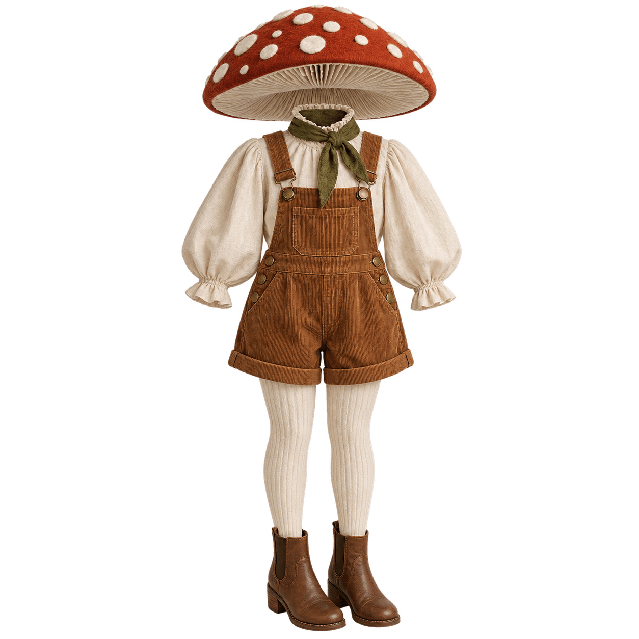 A rust-red spotted mushroom cap hat with cream blouse, brown corduroy overalls, cream tights, and leather boots